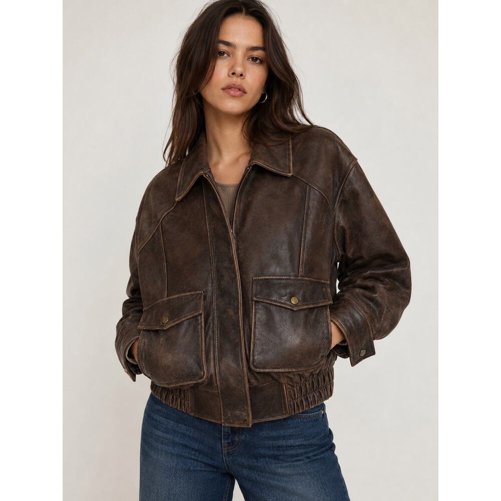 Reformation x Veda Daphne Leather Bomber Roasted coffee XS